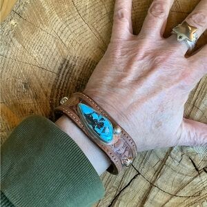Tooled Leather Bracelet with Turquoise , up to 6 1/2” wrist